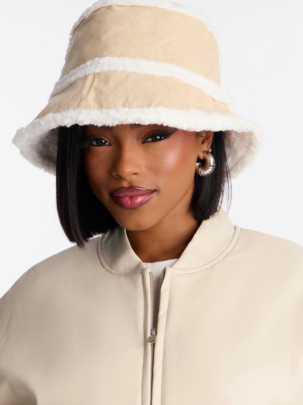 Fashion Nova Cream & Tan Sherpa Bucket Hat - Picture 2 of 3